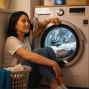 a Young woman sitting in front of a washing machine and talking to someone on the phone