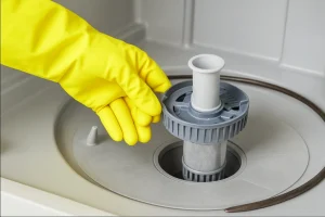 Hand in yellow glove removing gray dishwasher filter from circular base screen