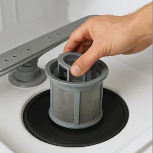 Hand reinstalling gray cylindrical dishwasher filter under lower spray arm.