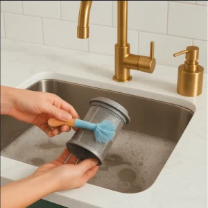 Hands scrubbing a dishwasher filter with a blue brush in a sink with soapy water.