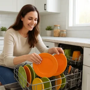 Woman smiling while unloading colorful plates from a dishwasher in a bright kitchen.