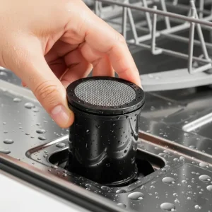 a hand removing a black plastic filter